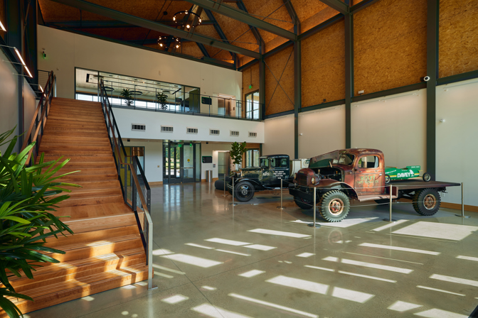 SEED Campus lobby with reclaimed wood stair treads