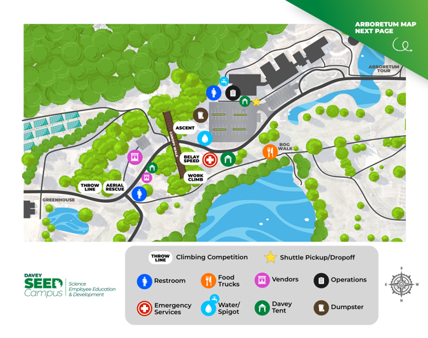 Campus map with icons for the North American Tree Climbing Championship