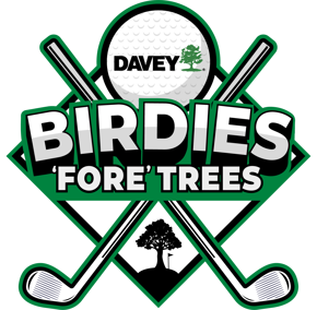 A graphic logo for Davey Tree's "Birdies 'Fore' Trees" program.