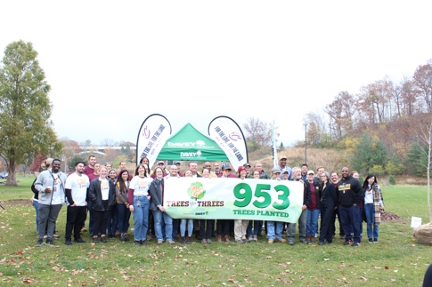 Volunteer group at park holding banner with Trees for Threes logo and the number of trees donated (953)