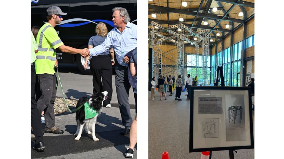 Side by side: Left: CEO Pat Covey shakes hands with Davey employee; right: Guests explore the Climbing Center at SEED Campus