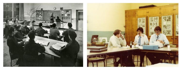 Collage of historical images of classroom learning at Davey (left: black and white; right: color)