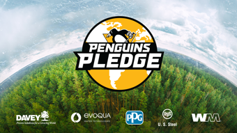 Penguins Pledge graphic with a logo and trees